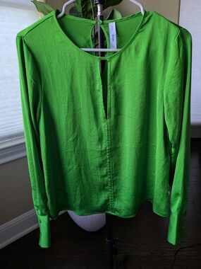 Mango Bright Green Long-Sleeve Keyhole Blouse